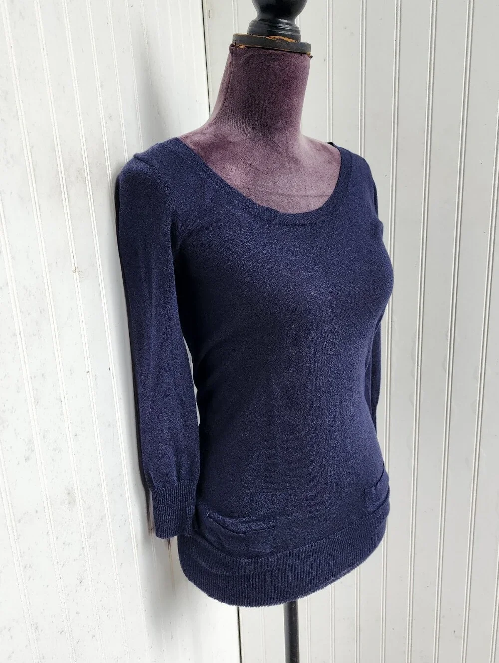 J Crew Women's Thin Sheer Knit Sweater  Dark Night Blue Crew Neck Pockets XS